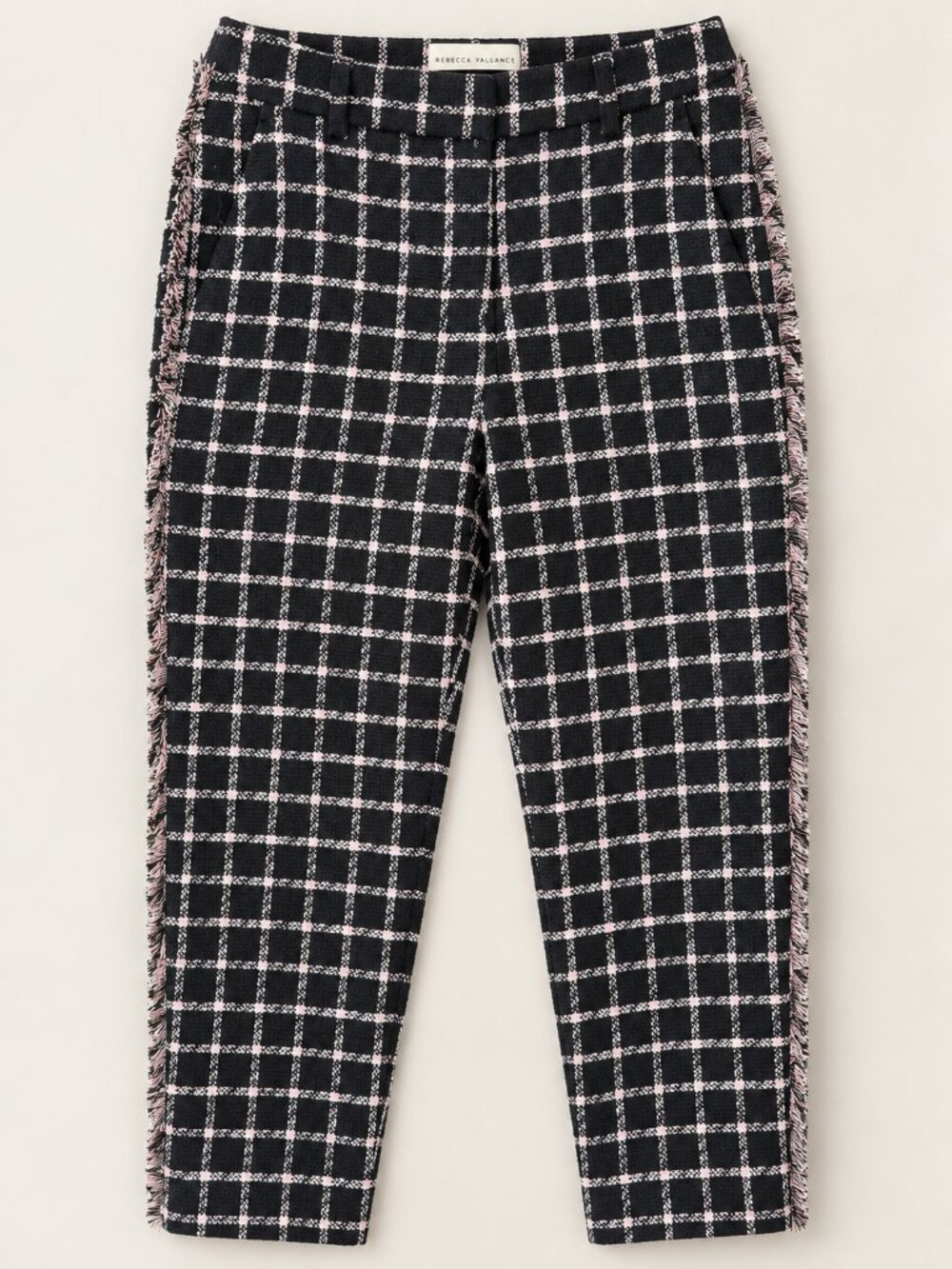 Rebecca Vallance Black Pink Plaid Tweed Fringe Pants
